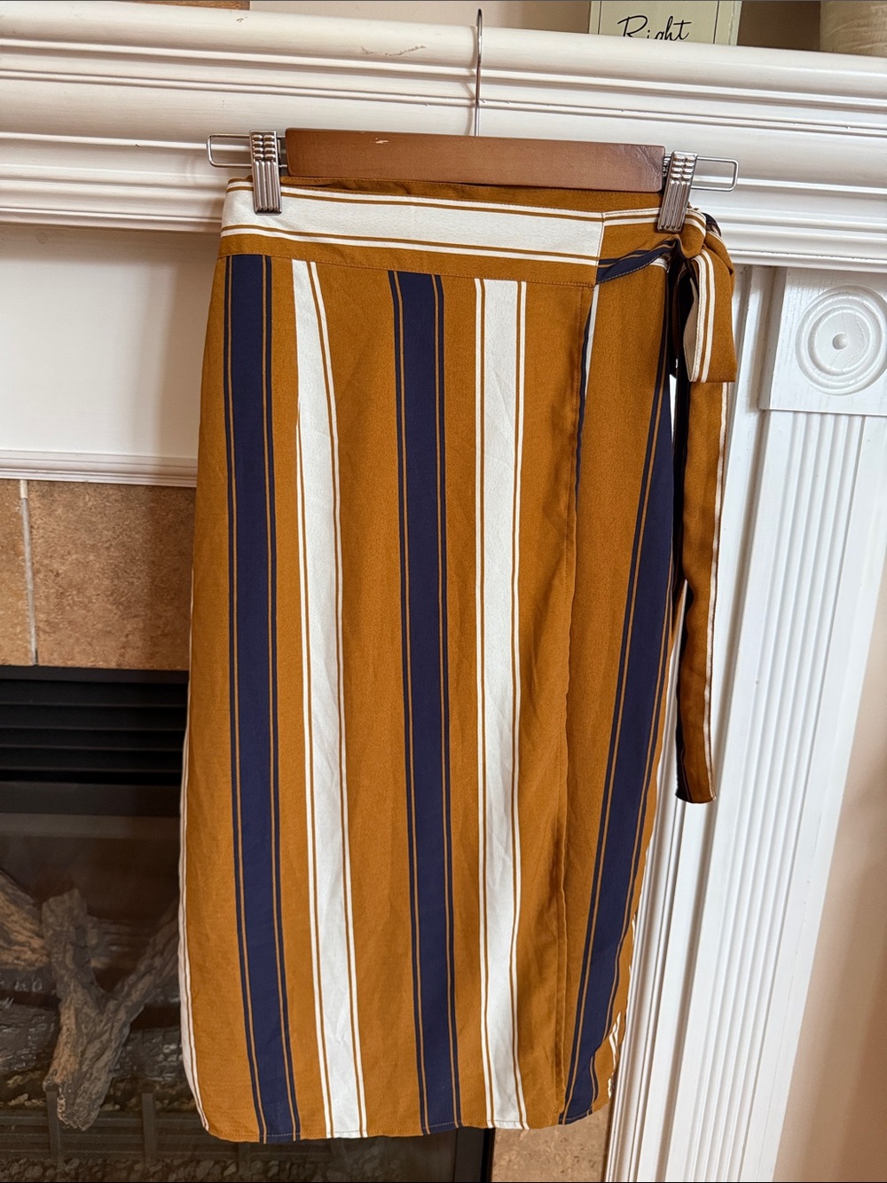 Tie-Waist Striped Midi Skirt in Mustard, Navy & Cream